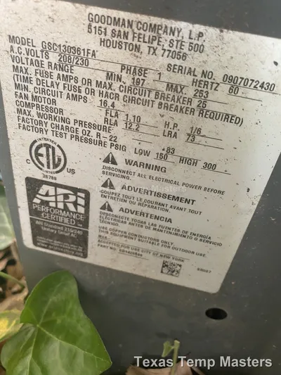 Goodman condenser nameplate with serial number