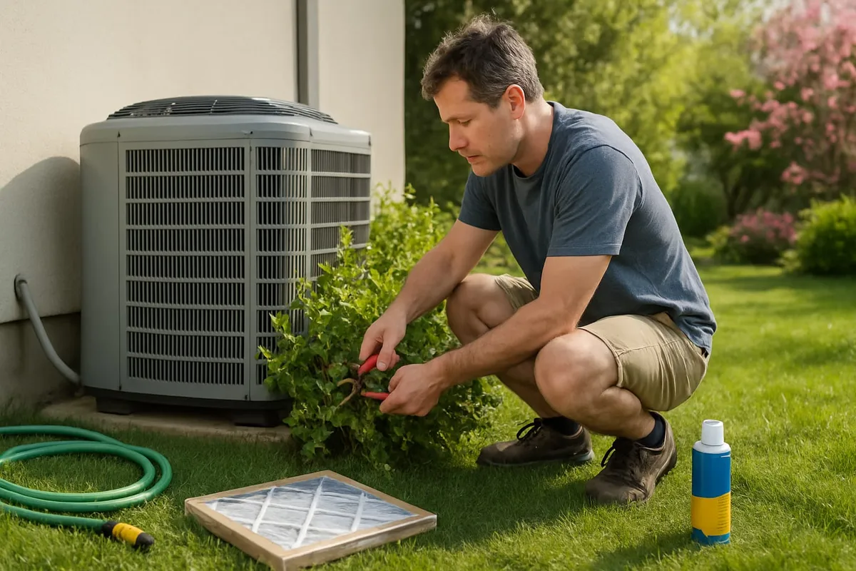 HVAC technician performing a late-season checkup on a residential AC condenser